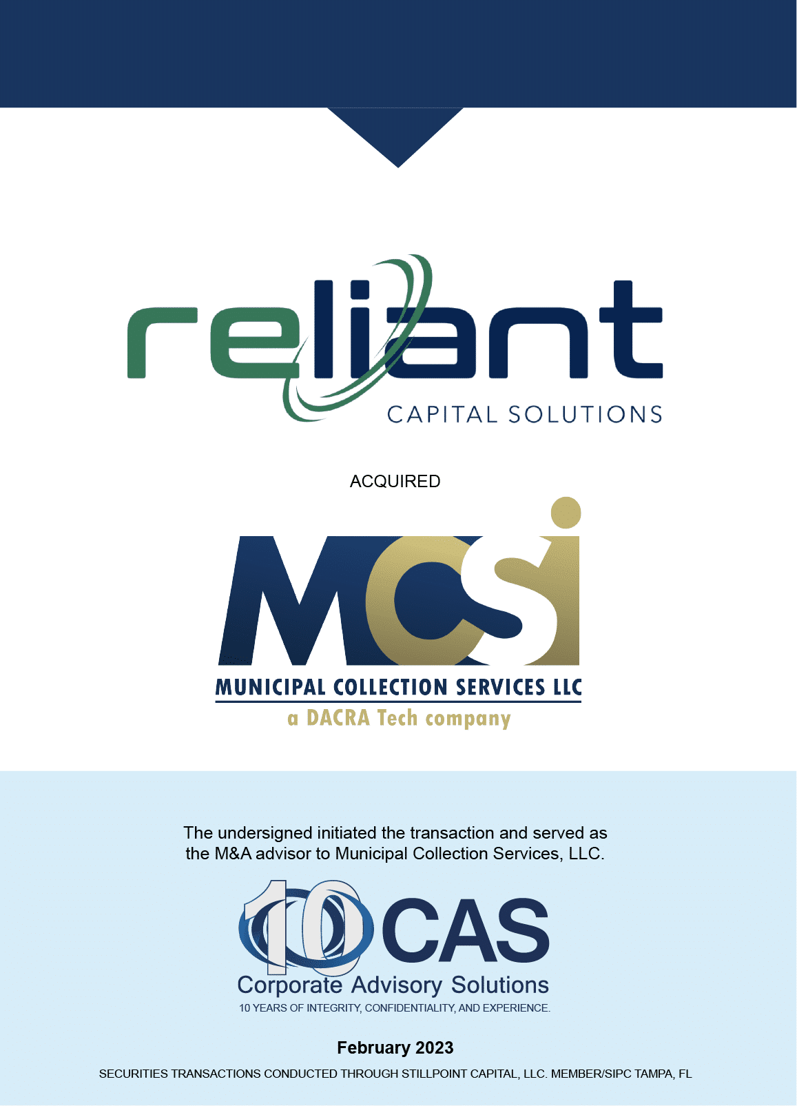 reliant capital solutions acquires Municipal Collection Services, inc